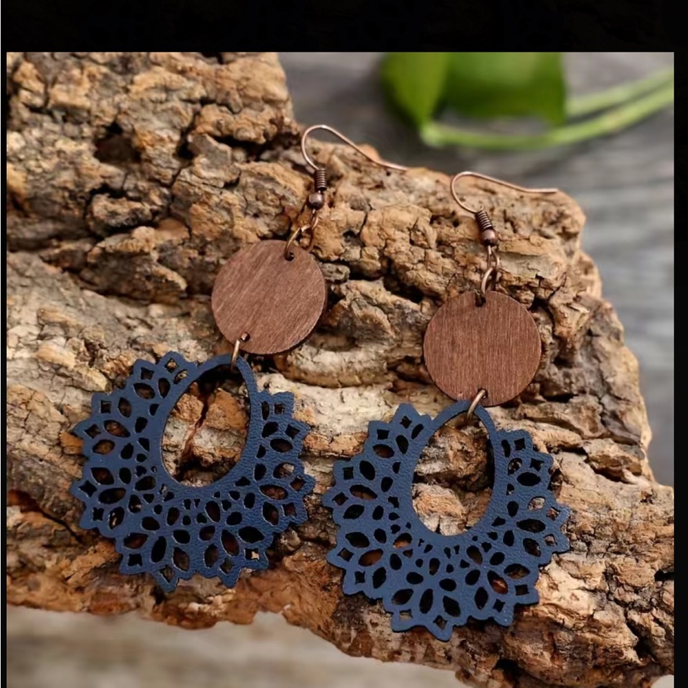 Boho Navy Blue and Brown Leather and Wood Drop Style Earrings - Picture 4 of 4